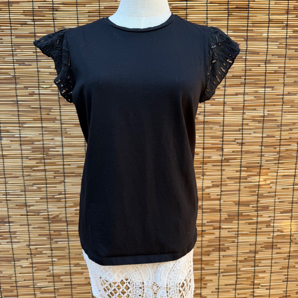Michael Kors Black Cotton Eyelet Lace Flutter Sleeve T-Shirt Top Womens Medium